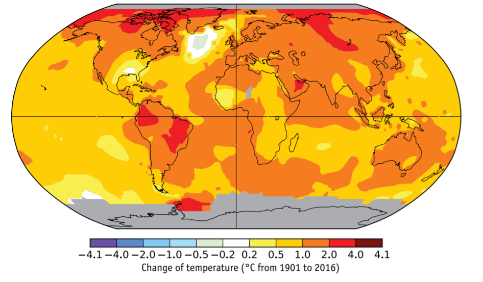 Fig. 1.1. Map of observed changes in surface temperature on Earth from 1901 to 2016.